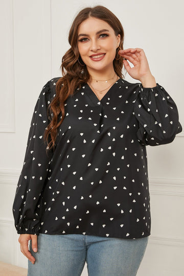 Woochic Haut grande taille col en V imprimé cœur manches longues
